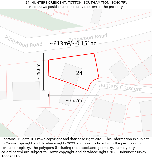 24, HUNTERS CRESCENT, TOTTON, SOUTHAMPTON, SO40 7FA: Plot and title map