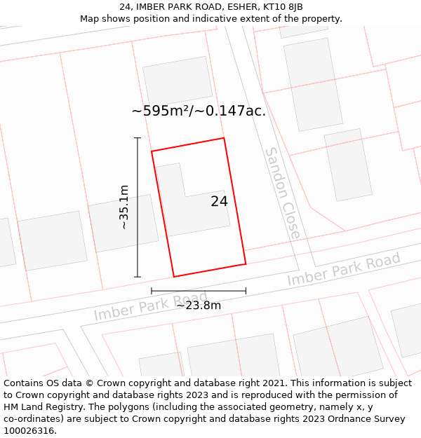 24, IMBER PARK ROAD, ESHER, KT10 8JB: Plot and title map