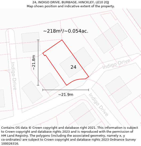 24, INDIGO DRIVE, BURBAGE, HINCKLEY, LE10 2QJ: Plot and title map