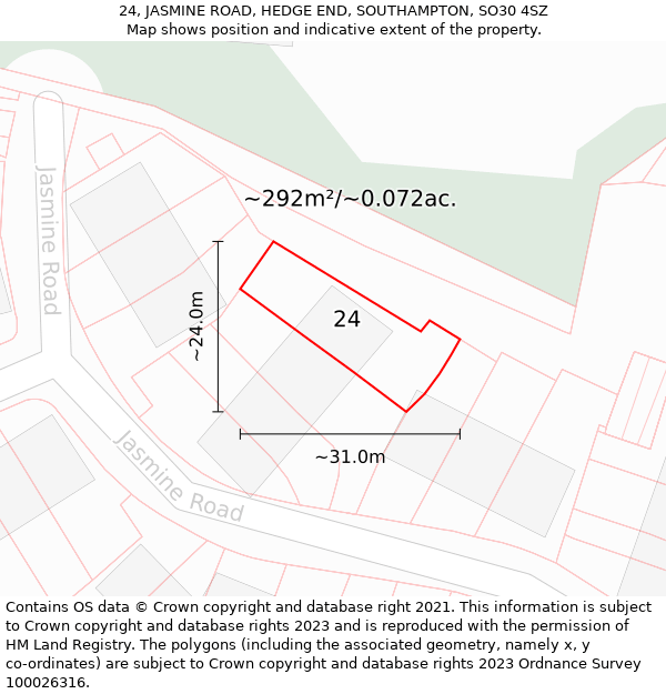 24, JASMINE ROAD, HEDGE END, SOUTHAMPTON, SO30 4SZ: Plot and title map