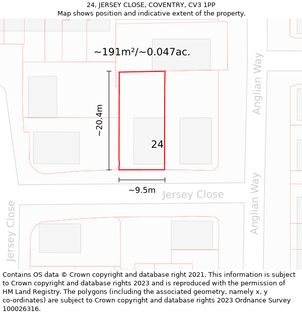24, JERSEY CLOSE, COVENTRY, CV3 1PP: Plot and title map