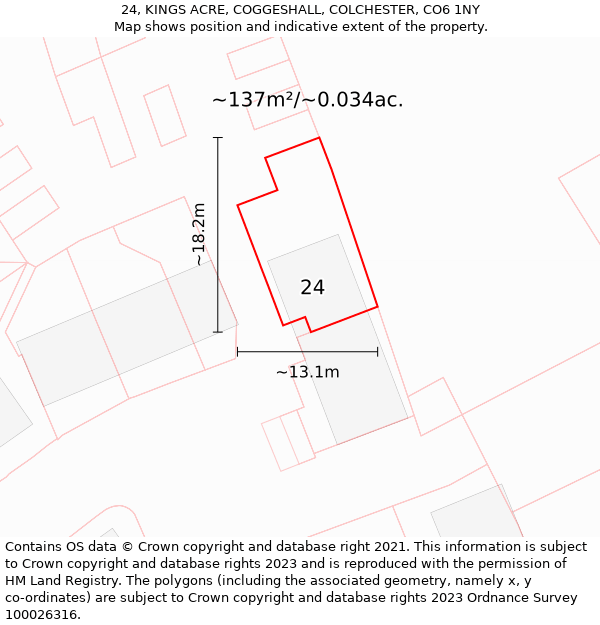 24, KINGS ACRE, COGGESHALL, COLCHESTER, CO6 1NY: Plot and title map