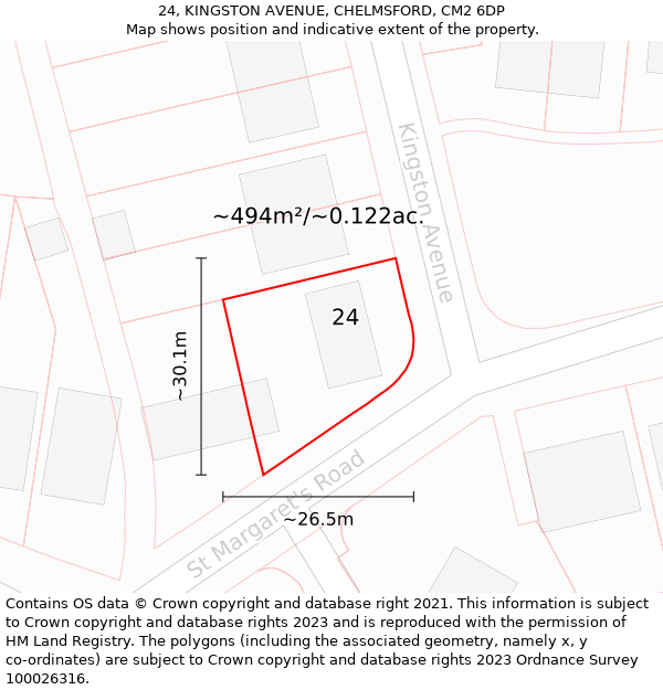24, KINGSTON AVENUE, CHELMSFORD, CM2 6DP: Plot and title map