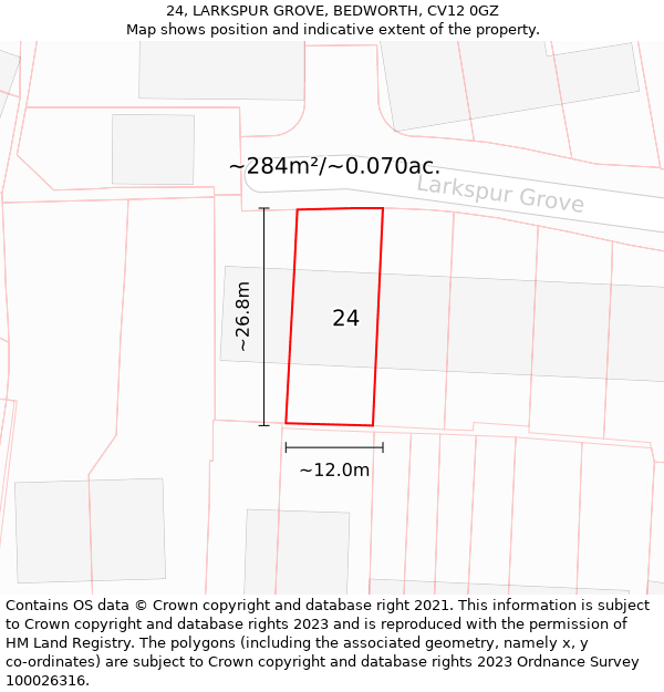 24, LARKSPUR GROVE, BEDWORTH, CV12 0GZ: Plot and title map