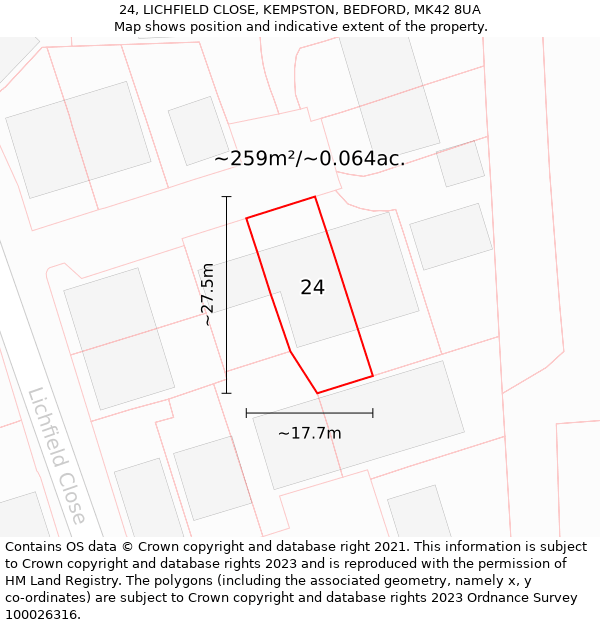 24, LICHFIELD CLOSE, KEMPSTON, BEDFORD, MK42 8UA: Plot and title map