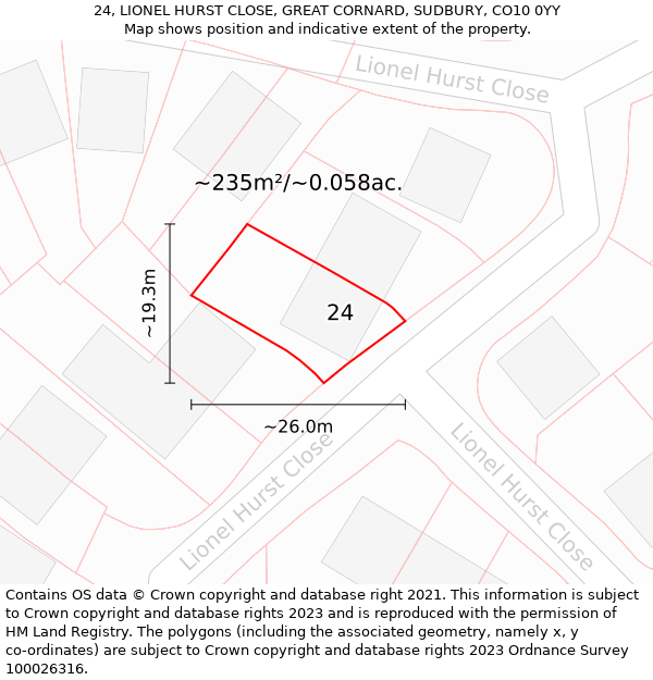 24, LIONEL HURST CLOSE, GREAT CORNARD, SUDBURY, CO10 0YY: Plot and title map