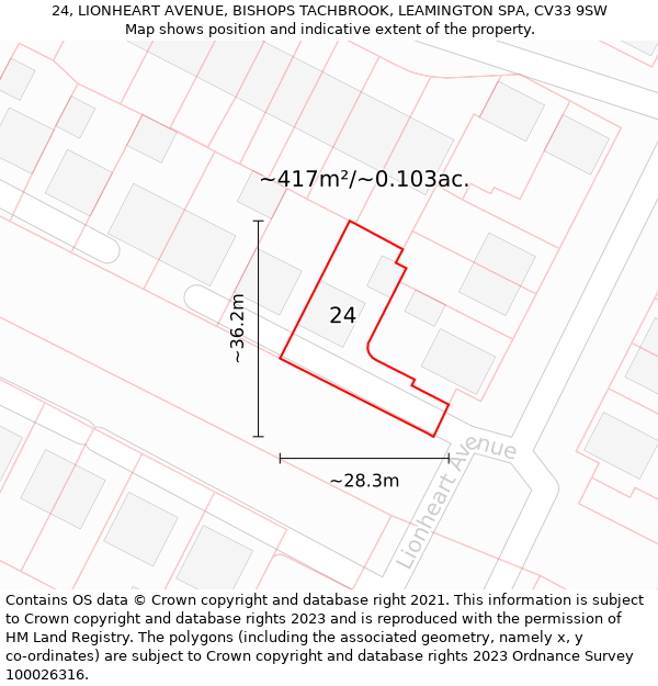 24, LIONHEART AVENUE, BISHOPS TACHBROOK, LEAMINGTON SPA, CV33 9SW: Plot and title map