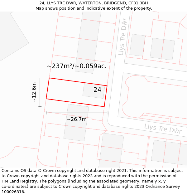 24, LLYS TRE DWR, WATERTON, BRIDGEND, CF31 3BH: Plot and title map