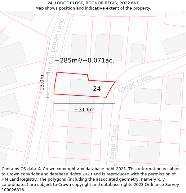 24, LODGE CLOSE, BOGNOR REGIS, PO22 6NF: Plot and title map