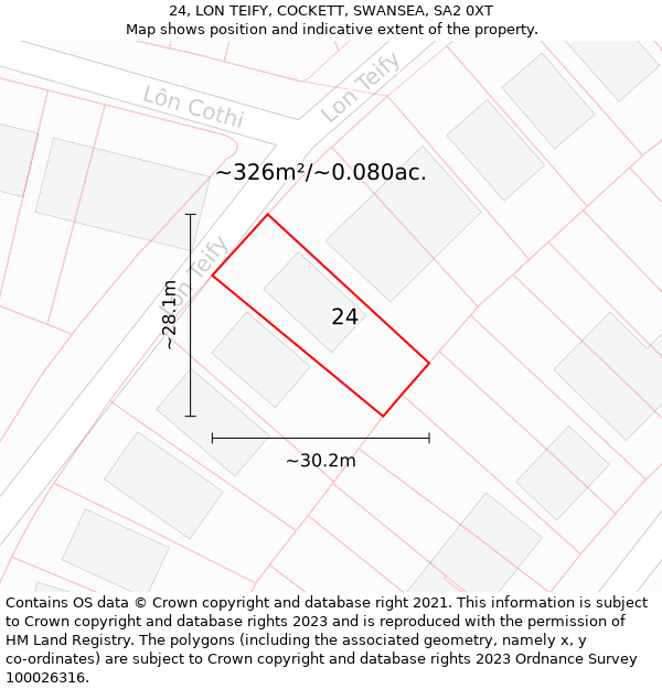 24, LON TEIFY, COCKETT, SWANSEA, SA2 0XT: Plot and title map