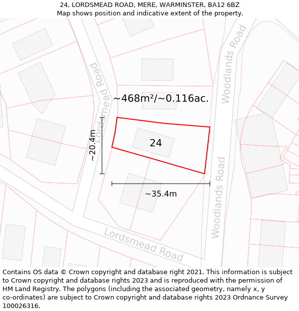 24, LORDSMEAD ROAD, MERE, WARMINSTER, BA12 6BZ: Plot and title map