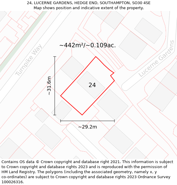 24, LUCERNE GARDENS, HEDGE END, SOUTHAMPTON, SO30 4SE: Plot and title map