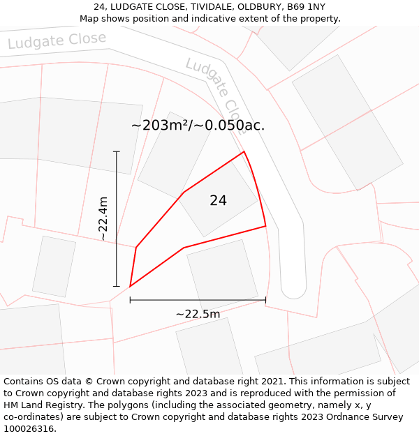 24, LUDGATE CLOSE, TIVIDALE, OLDBURY, B69 1NY: Plot and title map