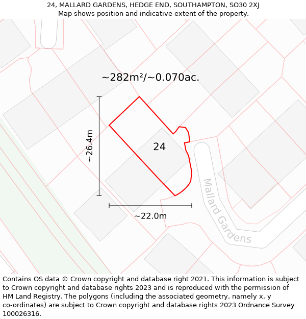 24, MALLARD GARDENS, HEDGE END, SOUTHAMPTON, SO30 2XJ: Plot and title map