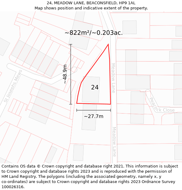 24, MEADOW LANE, BEACONSFIELD, HP9 1AL: Plot and title map