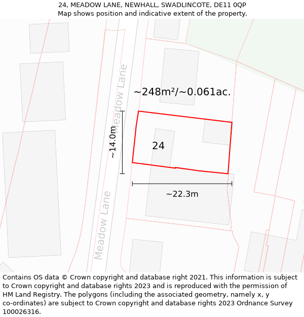 24, MEADOW LANE, NEWHALL, SWADLINCOTE, DE11 0QP: Plot and title map