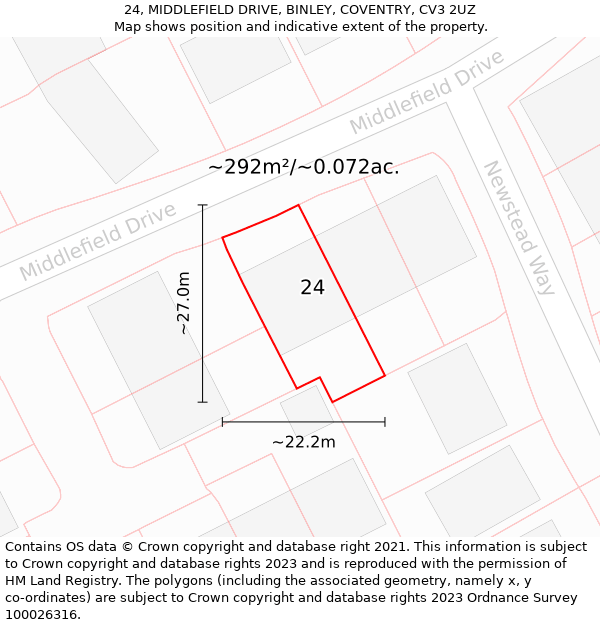 24, MIDDLEFIELD DRIVE, BINLEY, COVENTRY, CV3 2UZ: Plot and title map