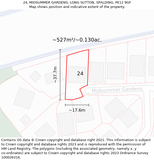 24, MIDSUMMER GARDENS, LONG SUTTON, SPALDING, PE12 9GF: Plot and title map