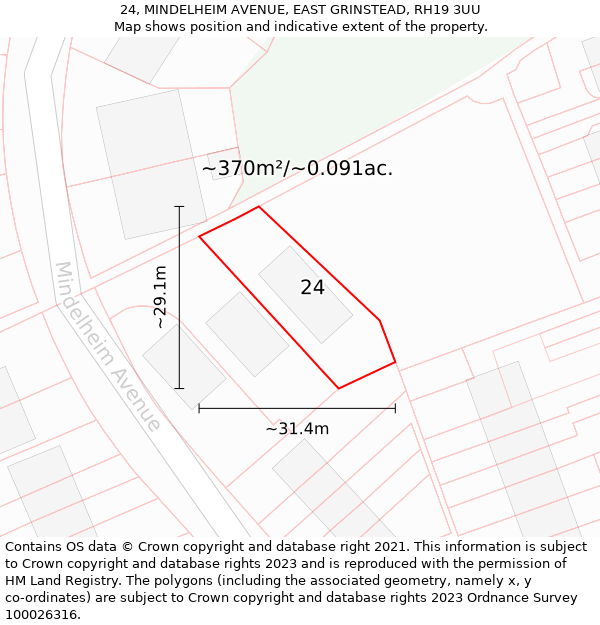 24, MINDELHEIM AVENUE, EAST GRINSTEAD, RH19 3UU: Plot and title map