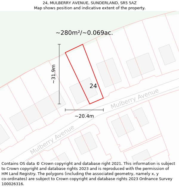 24, MULBERRY AVENUE, SUNDERLAND, SR5 5AZ: Plot and title map