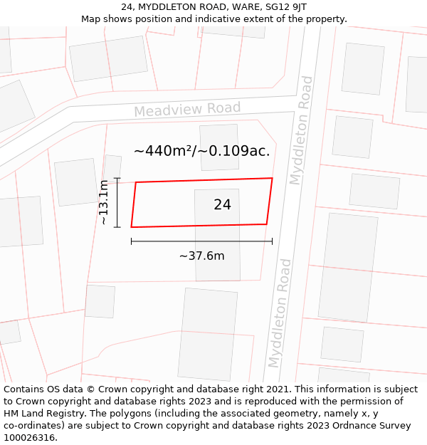 24, MYDDLETON ROAD, WARE, SG12 9JT: Plot and title map