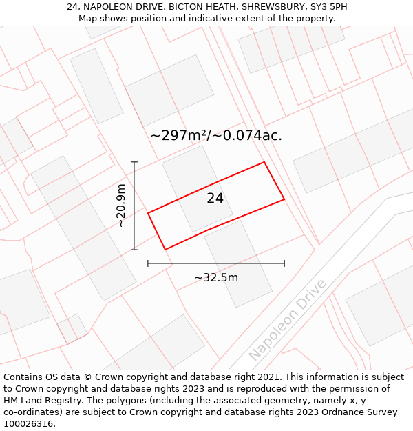 24, NAPOLEON DRIVE, BICTON HEATH, SHREWSBURY, SY3 5PH: Plot and title map