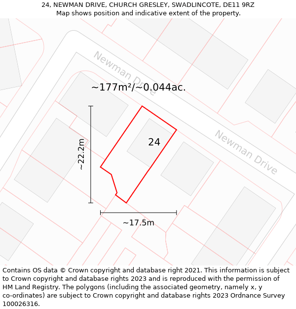 24, NEWMAN DRIVE, CHURCH GRESLEY, SWADLINCOTE, DE11 9RZ: Plot and title map