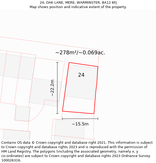 24, OAK LANE, MERE, WARMINSTER, BA12 6FJ: Plot and title map