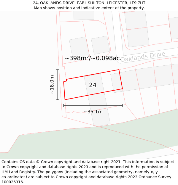 24, OAKLANDS DRIVE, EARL SHILTON, LEICESTER, LE9 7HT: Plot and title map