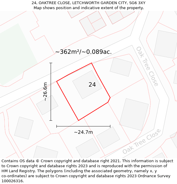 24, OAKTREE CLOSE, LETCHWORTH GARDEN CITY, SG6 3XY: Plot and title map