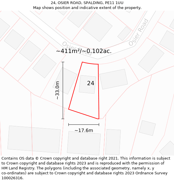 24, OSIER ROAD, SPALDING, PE11 1UU: Plot and title map