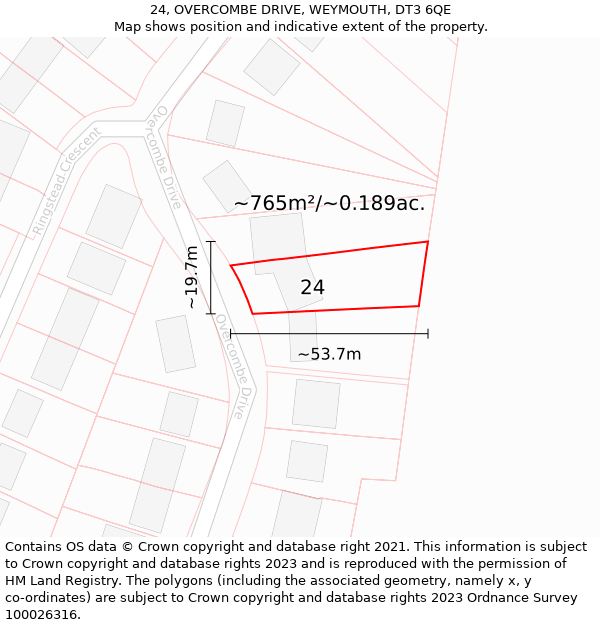 24, OVERCOMBE DRIVE, WEYMOUTH, DT3 6QE: Plot and title map