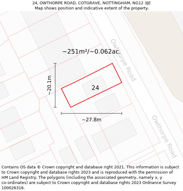 24, OWTHORPE ROAD, COTGRAVE, NOTTINGHAM, NG12 3JE: Plot and title map