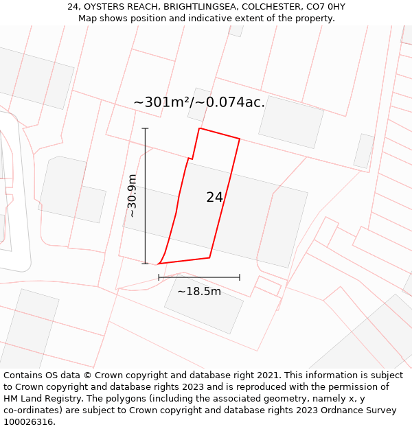 24, OYSTERS REACH, BRIGHTLINGSEA, COLCHESTER, CO7 0HY: Plot and title map