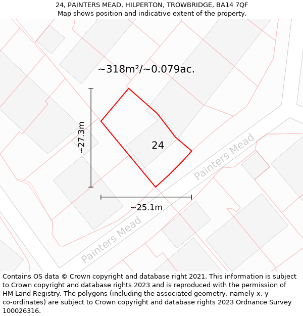 24, PAINTERS MEAD, HILPERTON, TROWBRIDGE, BA14 7QF: Plot and title map