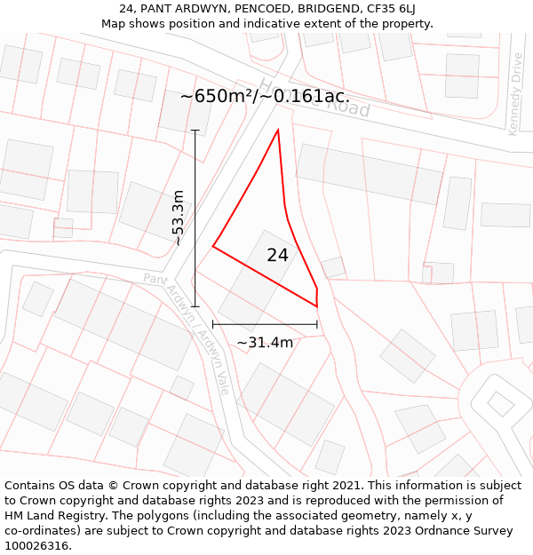 24, PANT ARDWYN, PENCOED, BRIDGEND, CF35 6LJ: Plot and title map