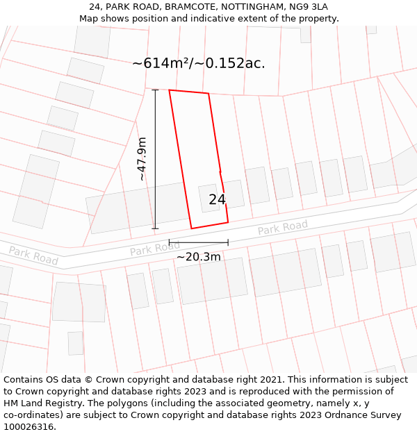 24, PARK ROAD, BRAMCOTE, NOTTINGHAM, NG9 3LA: Plot and title map