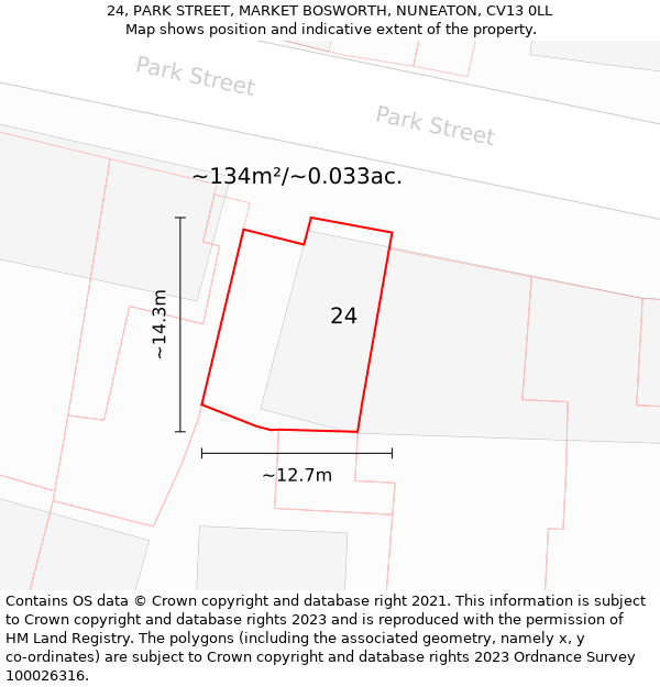 24, PARK STREET, MARKET BOSWORTH, NUNEATON, CV13 0LL: Plot and title map