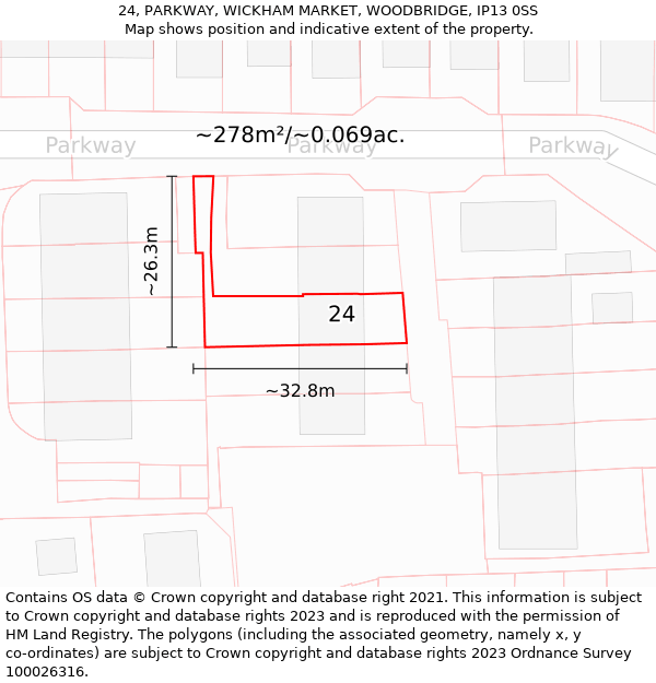 24, PARKWAY, WICKHAM MARKET, WOODBRIDGE, IP13 0SS: Plot and title map
