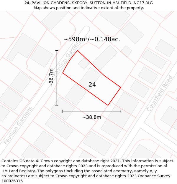 24, PAVILION GARDENS, SKEGBY, SUTTON-IN-ASHFIELD, NG17 3LG: Plot and title map