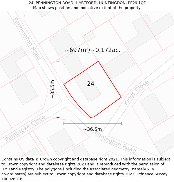 24, PENNINGTON ROAD, HARTFORD, HUNTINGDON, PE29 1QF: Plot and title map