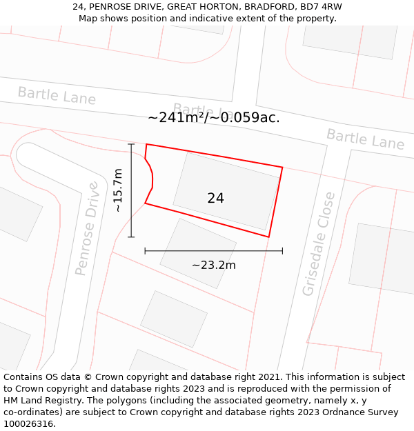 24, PENROSE DRIVE, GREAT HORTON, BRADFORD, BD7 4RW: Plot and title map