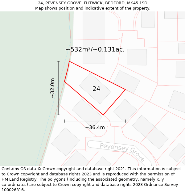 24, PEVENSEY GROVE, FLITWICK, BEDFORD, MK45 1SD: Plot and title map