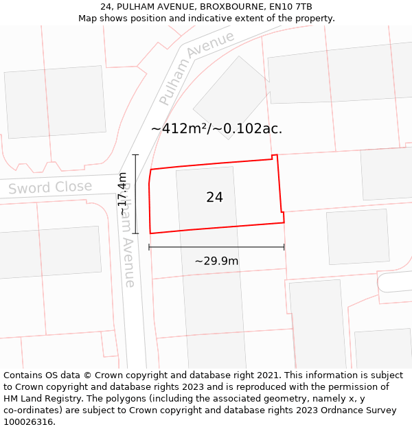 24, PULHAM AVENUE, BROXBOURNE, EN10 7TB: Plot and title map