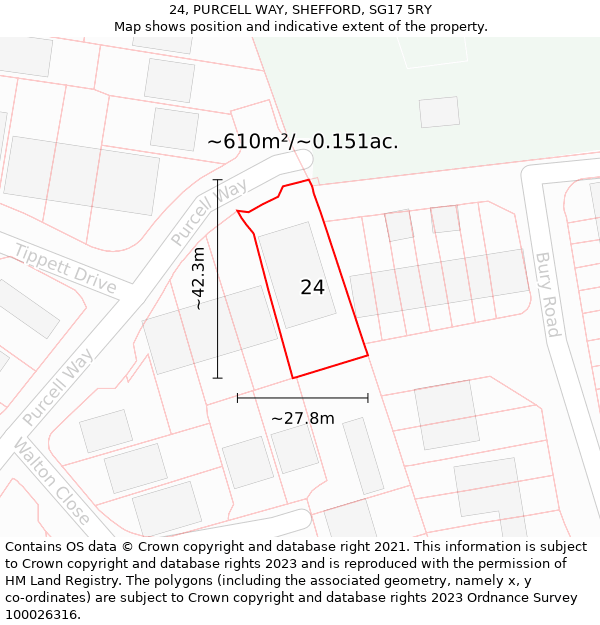 24, PURCELL WAY, SHEFFORD, SG17 5RY: Plot and title map