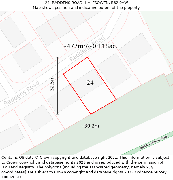 24, RADDENS ROAD, HALESOWEN, B62 0AW: Plot and title map