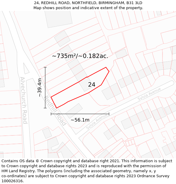 24, REDHILL ROAD, NORTHFIELD, BIRMINGHAM, B31 3LD: Plot and title map