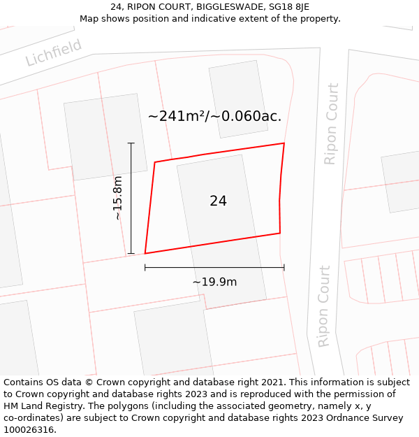 24, RIPON COURT, BIGGLESWADE, SG18 8JE: Plot and title map