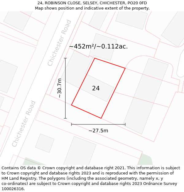 24, ROBINSON CLOSE, SELSEY, CHICHESTER, PO20 0FD: Plot and title map