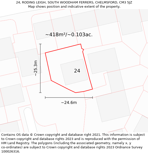 24, RODING LEIGH, SOUTH WOODHAM FERRERS, CHELMSFORD, CM3 5JZ: Plot and title map